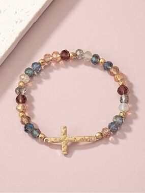 Multicolor Beaded Cross Stretch Bracelet - Gold Accent